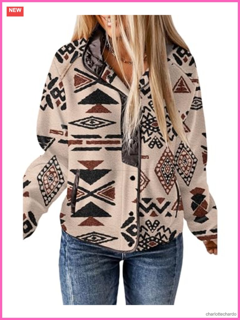 Womens Fleece Jacket Aztec Print Long Sleeve Snap Button Shacket With Pockets